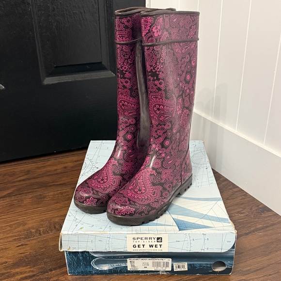 Sperry 2010 Women's Brown and Pink Paisley Rain Boots - Picture 1 of 2